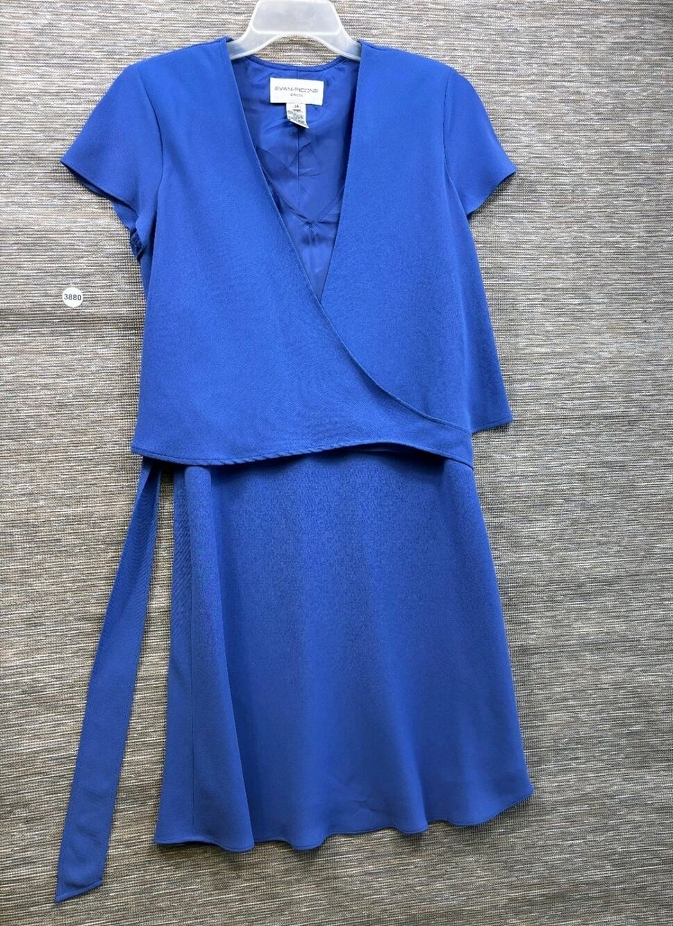 Evan Picone Faux Wrap Dress Womens Size 14 Blue Short Sleeve V Neck Lined Casual